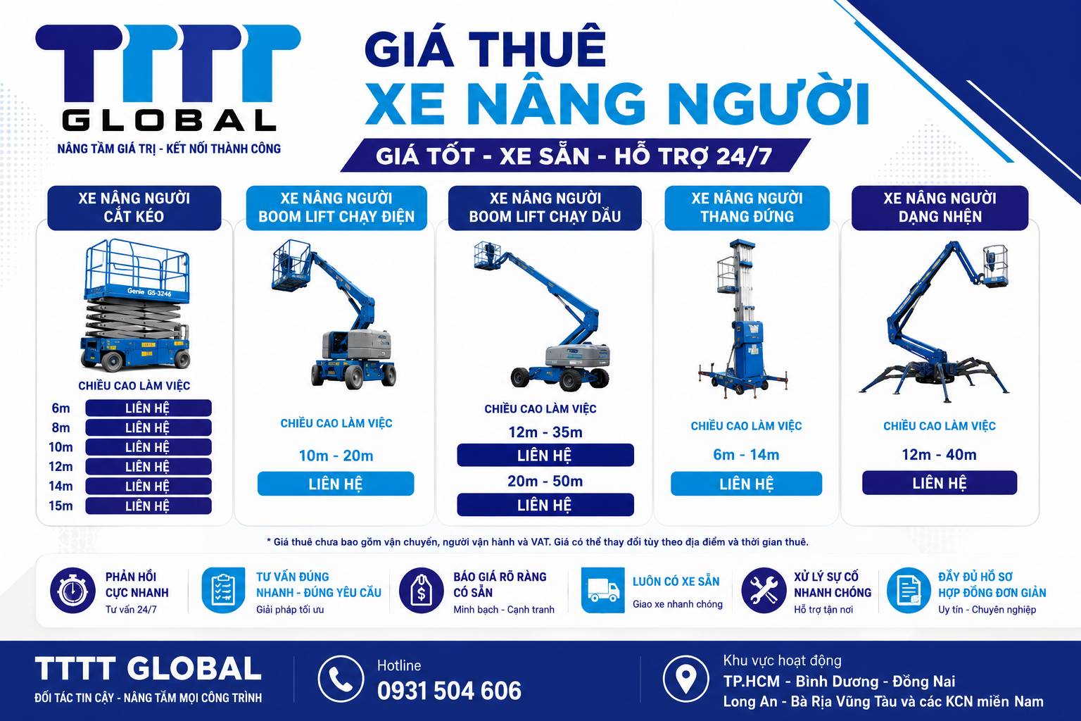 Giá thuê xe nâng người – bảng giá tham khảo rẻ, cạnh tranh tại TTTT GLOBAL Giá thuê xe nâng người