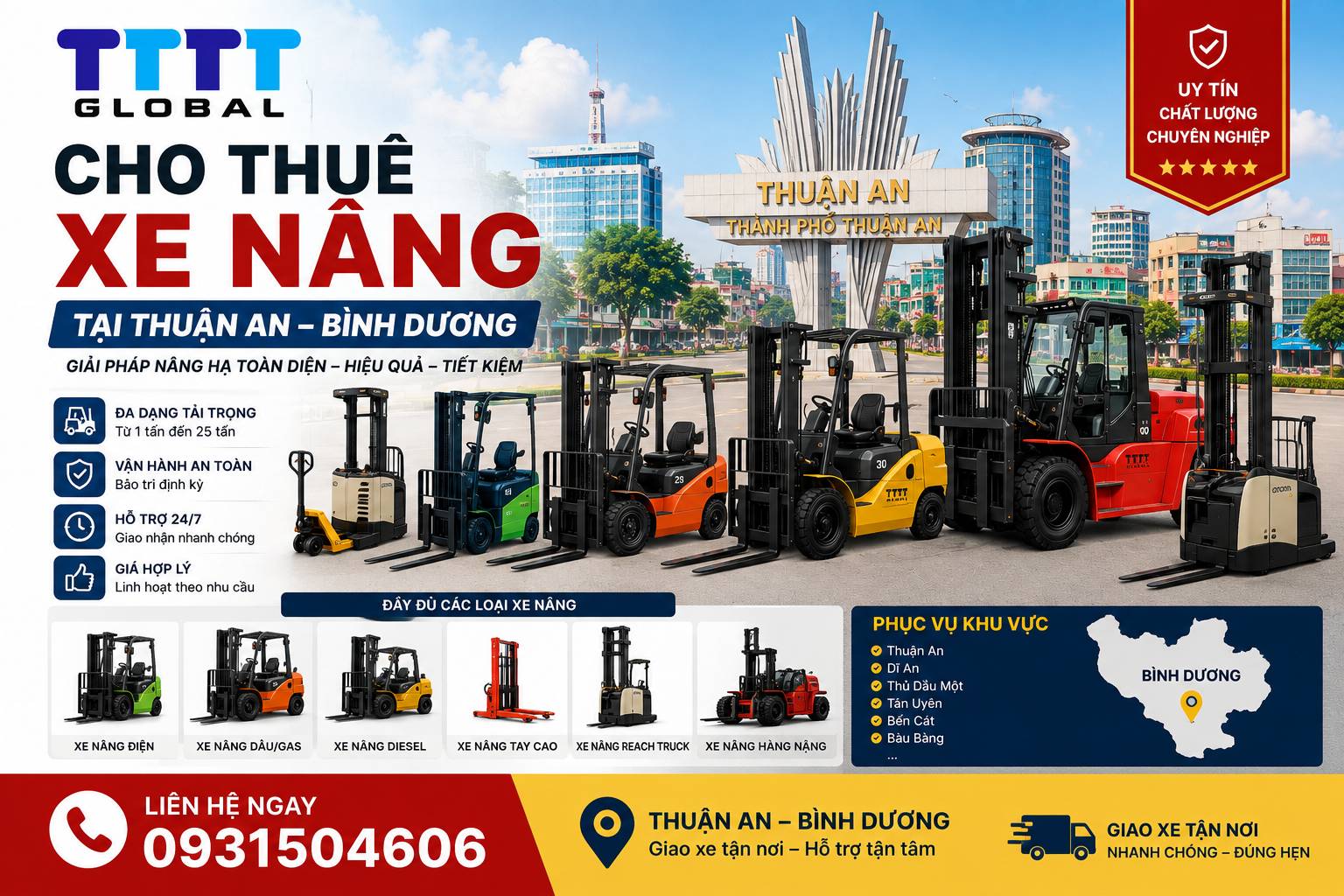 Cho thuê xe nâng tại Thuận An – Giá tốt, xe sẵn, giao nhanh Cho thuê xe nâng tại Thuận An