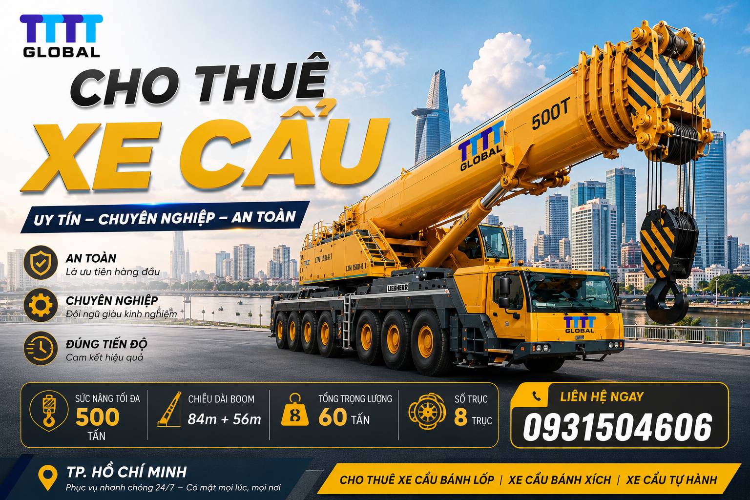 Cho thuê xe cẩu đa tải trọng, phục vụ mọi công trình-TTTT Global cho thuê xe cẩu